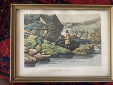 200 y/o "Salmon Fishing" Genuine Antique Fishing Print c1820 . H.Alken I.Clark