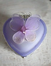 Frosted Purple Lavender Glass Heart Shaped Jewellery Box Mirror Inside Lid Gift