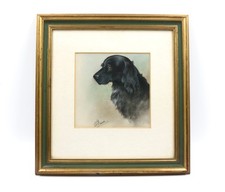 FRAMED ORIGINAL PASTEL DRAWING OF A BLACK WORKING SPANIEL BY L W FRASER SCOTLAND