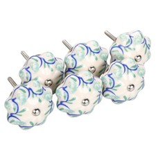 6Pcs Blue & White Floral Ceramic Knobs Cupboard Cabinet Drawer Door Handles Knob