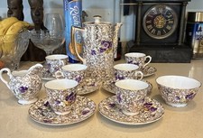 Vintage Tuscan /Aynsley Coffee Set, 22 kt gold floral Purple Pansy Chinz 