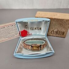 VTG Clinton Art Deco Watch w/ Case Box Paper Rose Gold-Tone Tank Stretch Band