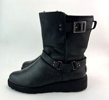 UGG Maddox Womens Black Leather Wedge Biker Boots Buckle Strap UK 7.5