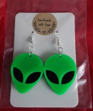 Novelty Large Green Alien Head Dangle Earrings Boho, Hippie, Festival, Kitsch 