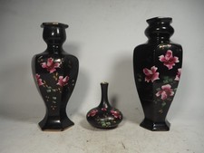 3 x of Antique? / Vintage Black Ceramic Vases With Pink Roses