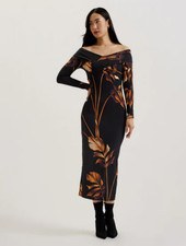 TED BAKER Midi Dress TB2 UK 10 Josefen Black Printed Bardot Long Sleeve NEW