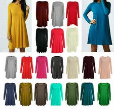 Womens Long Sleeve Swing Dress Ladies Plain Round Neck Fancy Midi Tunic Top