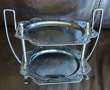 Chrome Cake Stand 2 tiers with handles Art Deco