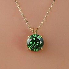 Round Cut Green Solitaire Pendant Necklace 14K Yellow Gold Over 18" inch Chain