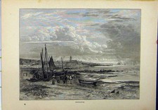 Original Old Antique Print View Penzance Horse Cart Boat Social History