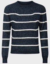 Ladies Long Sleeve Navy Knitted Jumper with White Stripe, Sizes XSmall to XLarge