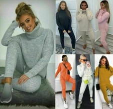Womens Chunky Knitted High Roll Neck Tracksuit Ladies Ribbed Loungewear Suit Set