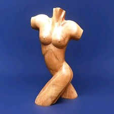 HAND CARVED NUDE WOMAN TORSO WOOD VINTAGE FREE STANDING 11" HIGH