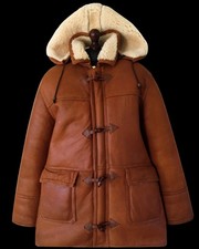 LEATHER SHEEPSKIN DUFFLE Shearling Flying Pilot Aviator Bike Car Pea Jacket Coat