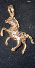 Vintage 9ct 375 Yellow Solid Gold Articulated Movable Horse Pendant & 47.5 cm go