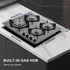60cm Gas Hob 4 Burners Black