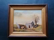 Vintage Oil Painting, Cart, Stone Farm Buildings, Sheds, Trees, Tony Slater