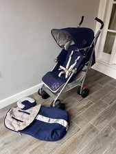 Maclaren Techno XT blue and silver pushchair with footmuff