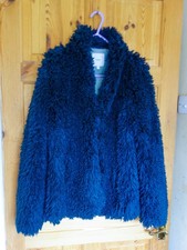 Next Shaggy Navy Blue Faux Fur Winter Coat Jacket Size 14