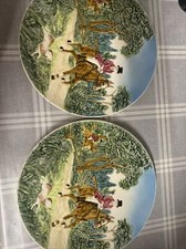 Matching Pair Of West Germany Majolica Wall Plates Fox Hunting Scene