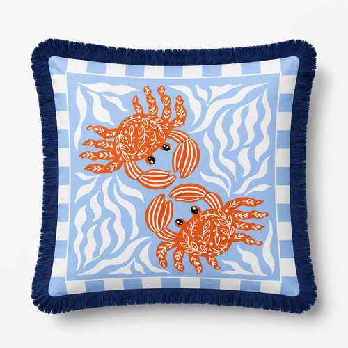 Crab pillow cover - blue, fringe
