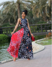 Ted Baker Saskae Kyoto Gardens Maxi Dress Size 1 UK 8 Navy Blue Red Shortened