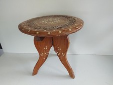 Vintage Folding Anglo Indian Bone Inlaid Table, H-12'', Ø-11.75''