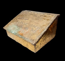 Antique Brass Slipper Box. ‘Where they ought to be’ Inscribed 40cm x 30cm x 23cm