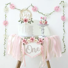 Wildflower 1st High Chair Banner Birthday Decorations For Girl Pink Flower Ca...