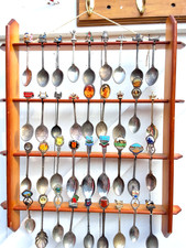 36 SOUVENIR SPOON SET with WOODEN DISPLAY RACK SHELF