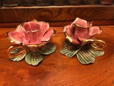 Vintage Rose Shaped Glazed Porcelain Pink, Green & Gold Candle Holders