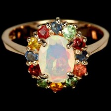 Silver Ring Opal Songea Sapphire Genuine Gems Solid Sterling Rose Gold M US 6.25