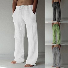 Men Cotton Linen Loose Pants Solid Color Casual Baggy Summer Beach Trouser❤