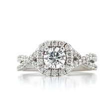 14K White Gold Round Center Diamond Cushion Halo Twist Soldered Engagement Ring