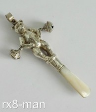 1926 SUPERB ANTIQUE TEDDY BEAR SOLID STERLING SILVER & MOP BABYS RATTLE TEETHER