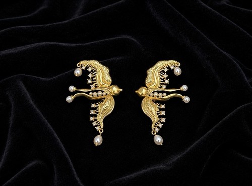 Gold vtg bird pearl - pearl, earrings