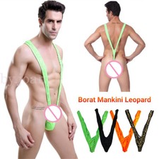 Leopard Skin Mesh Man Sexy Borat Mankini Thong Bodysuit Costume Swimsuit