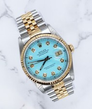 Rolex Datejust Mens in Steel & Gold Tiffany Blue Diamond Dial with Box & Papers.