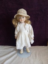 Collectors 15"  Doll On Metal Stand, Fabric Body Ceramic Head Feet Hands