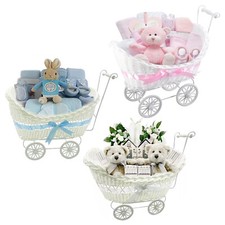 GIRLS BOYS PRAM BASKET GIFT LARGE WICKER STYLE HAMPER NEW BORN BABY SHOWER PARTY