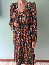 UK:18 Petite 1970s Style Brown Orange Floral Tiered Balloon Sleeve Midi Dress