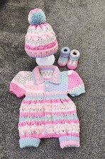 Hand knitted 3-6 month short sleeve multi coloured Romper  Hat & Bootees Set.