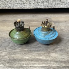 2 X Vintage Metal Nursery Oil Lamps Paraffin/Kerosene Burning Wick Blue/Green