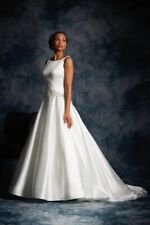 Alfred Angelo Ivory Satin Drop Waist High Neck Wedding Dress Gown Sz 12 14