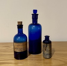 Antique Cobalt Bristol Blue Glass Apothecary Chemist Pharmacy Bottles Jars c1900