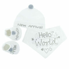 Newborn Baby Hello World New Arrival Bandana Bib Hat & Bootees Gift Set girl Boy