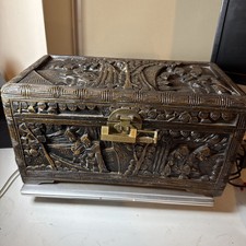 Stunning Antique Chinese Hand Carved Camphor Wood Box With Original  Lock & Key