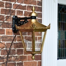 Large Victorian Antique Brass Wall Mounted Lantern With Black Top Fix Bracket