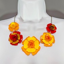 Vintage Plastic Flower Roses Statement Necklace Lucite Acrylic Chunky Red Orange