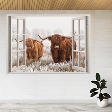 Scottish Highlanders Cow Winter 3d Window View Wall Sticker Poster Decal A65